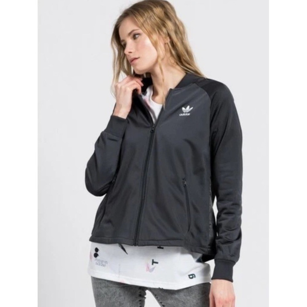 Adidas Track Jacket Women's M Info Poster Superstar Logo Full Zip Mock Neck
